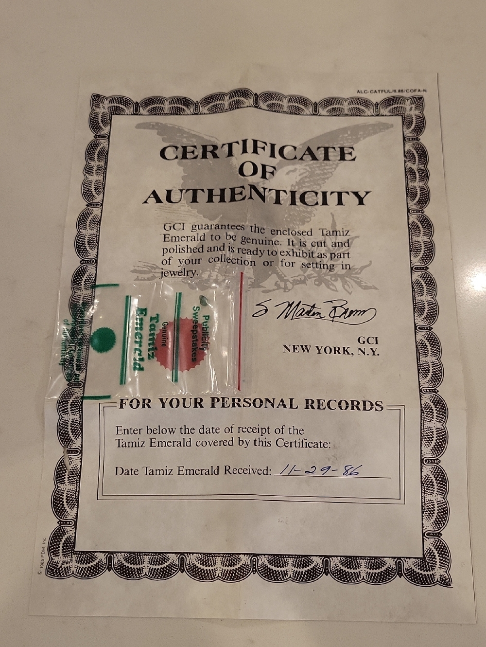 Vintage Certificate of Authenticity Tamiz Emerald